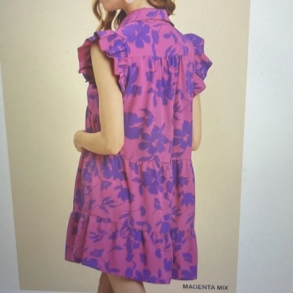 Umgee Floral print Dress New Collared purple magenta Tiered - Picture 3 of 7